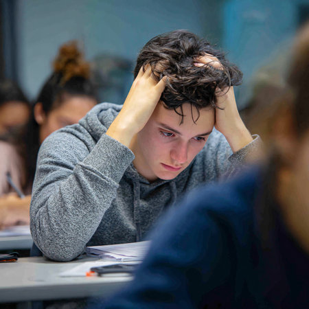Stressed young man with dark hair in a classroom during an exam, showing anxiety and concentration.の素材