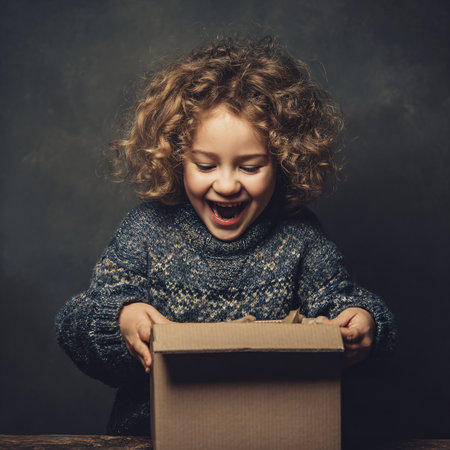 Excited young girl with curly hair opening a gift box, wearing a cozy sweater, joyful expression, indoor setting.の素材