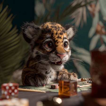 A young leopard cub with large expressive eyes sits at a table surrounded by colorful dice and game pieces.の素材