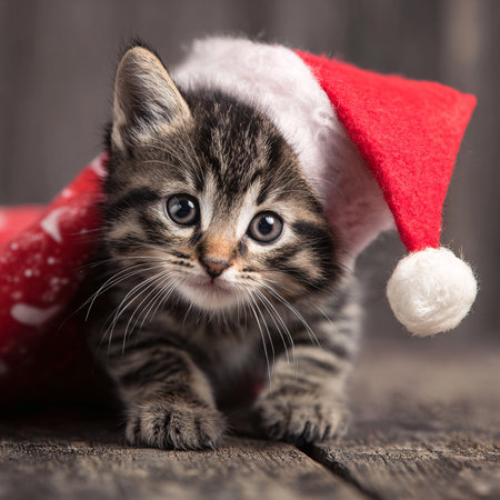 A small tabby kitten wearing a red Santa hat sits on a wooden surface.の素材