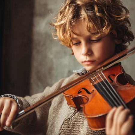 A young boy with curly blond hair plays a wooden violin.の素材
