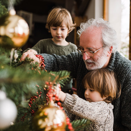 grandfather decorates a Christmas tree with a young grandchildren. They are smiling and enjoying the festive atmosphere.の素材