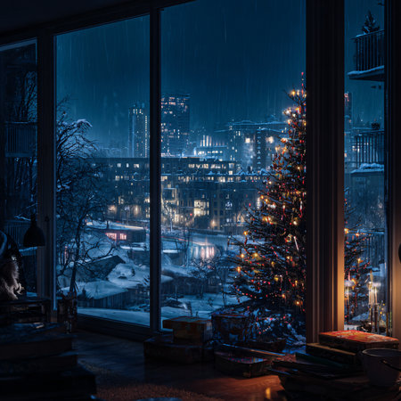 A cozy indoor scene with a decorated Christmas tree, warm candlelight, and a view of a snowy cityscape at night.の素材