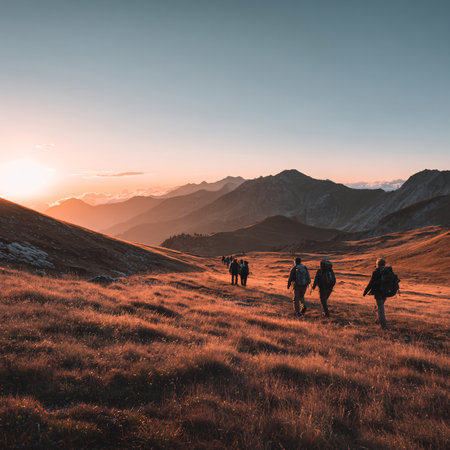 A group of diverse hikers walking through a grassy mountain landscape at sunset.の素材