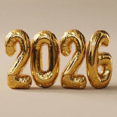 Golden balloons shaped as the numbers 2026 on a neutral background.の素材
