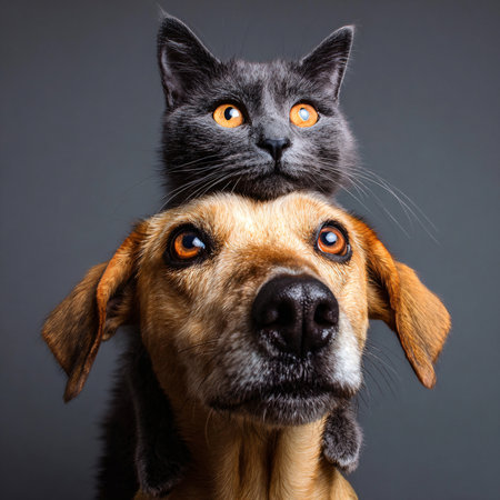 A close-up of a brown dog with a black and gray cat sitting on its head. .の素材