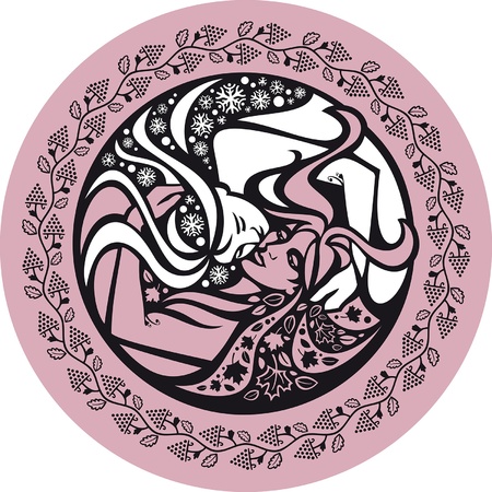 November. November is the month when the fall meets with winter. There are women which embrace. One woman symbolizes autumn, the other - winter. Winter sings a lullaby for autumn.のイラスト素材