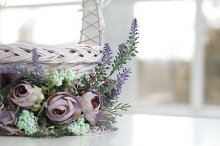 Easter basket. A purple Easter basket decorated with decorations. close upの写真素材