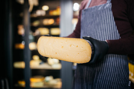 A charming man takes cheese from the shelf. A man holds in hands cheese at the cheese factory.の写真素材
