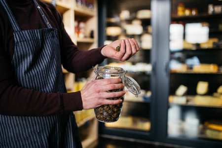 Aromatic Chinese tea. Chinese tea in a jar. Blurred background.の写真素材