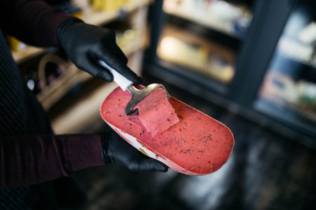 Man slicing a small piece of cheese for taste. A young worker uses a special knife for cheese.の写真素材