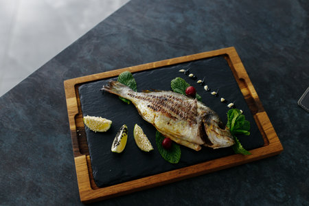 Delicious dorado baked on a grill with spices and herbs. gray background. copyspace.の写真素材