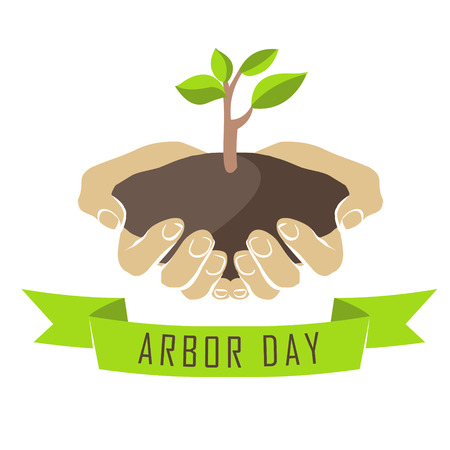 Vector illustration: Hands with tree seedlings. Arbor day.のイラスト素材