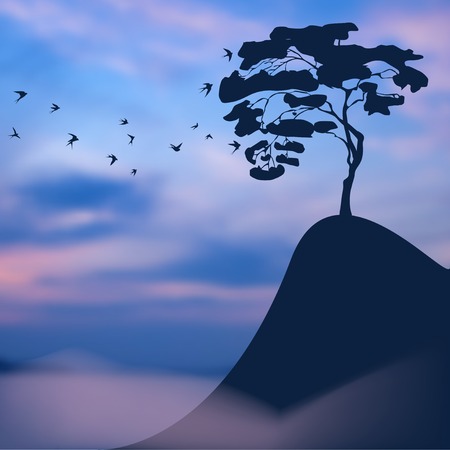 Sunset blurred landscape: lonely tree on a precipice, and a flock of birdsのイラスト素材