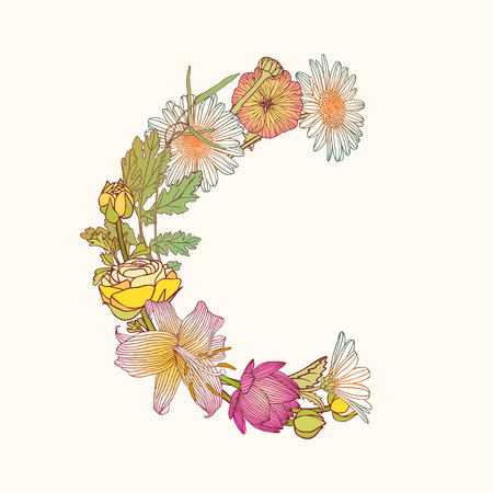Vector alphabet of flowers. Floral letter Cのイラスト素材