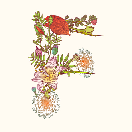 Vector alphabet of flowers. Floral letter Fのイラスト素材