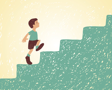 Vector illustration. Boy goes up the stairs. Way to successのイラスト素材