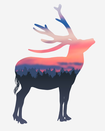 Sunset forest. Deer silhouette. Nature romantic illustrationのイラスト素材