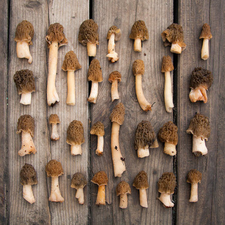 rows of morel mushrooms on wooden background