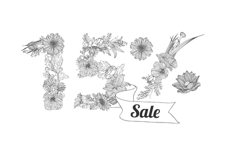 fifteen (15) percents sale. Vector floral linear digitsのイラスト素材