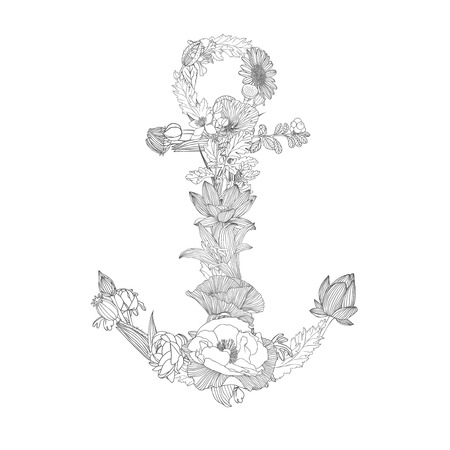 anchor of flowers black and white linear illustrationのイラスト素材