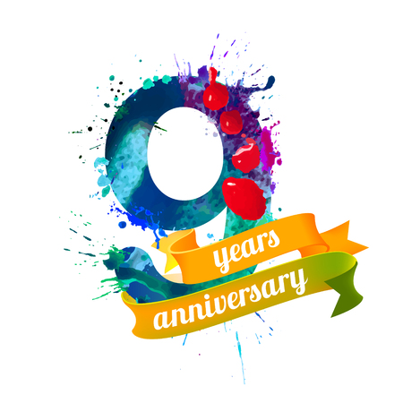 nine (9) years anniversary. Vector watercolor splash paintのイラスト素材