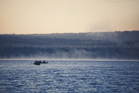 Morning fishing on the lake Zyuratkul. Ural. Russiaの写真素材