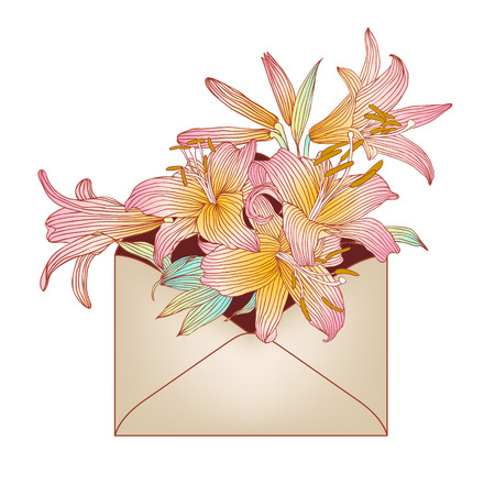Envelope with pink royal lily flowers. Vectorのイラスト素材