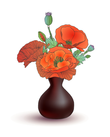 Vase with red poppy flowers on white backgroundのイラスト素材