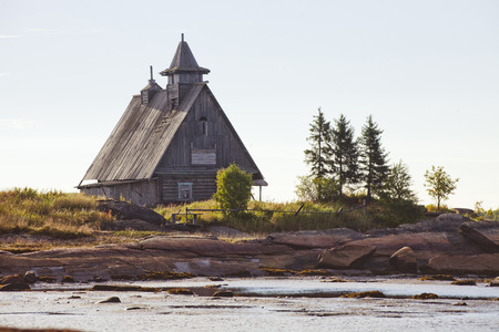 Rabocheostrovsk fake wooden church on the White Sea. Karelia, Russia.の写真素材