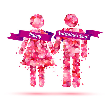 Greeting Card: Happy Valentine's Day. Boy and girl holding handsのイラスト素材