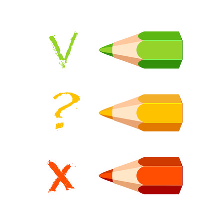 Three colored pencils. Yes, no, may be symbols (check mark, question, cross)のイラスト素材