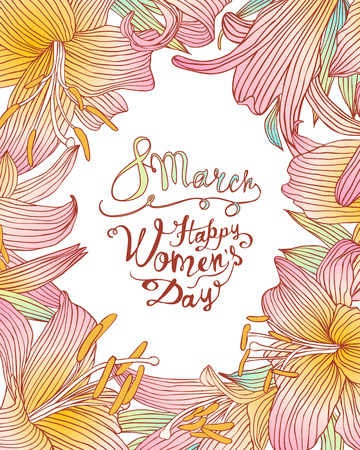 8 march. Happy Woman's Day! Vector congratulation card with lily floral frameのイラスト素材