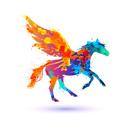 Pegasus vector symbol. Rainbow watercolor splash paintのイラスト素材
