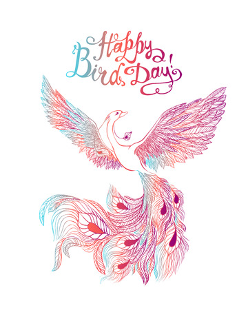 Happy Bird day! Vector congratulation card. Hand written inscription and Magic Birdのイラスト素材