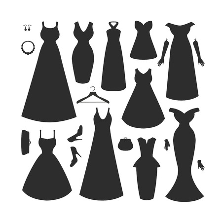 Dresses and accessories silhouettes collection. Vector flat illustrationのイラスト素材