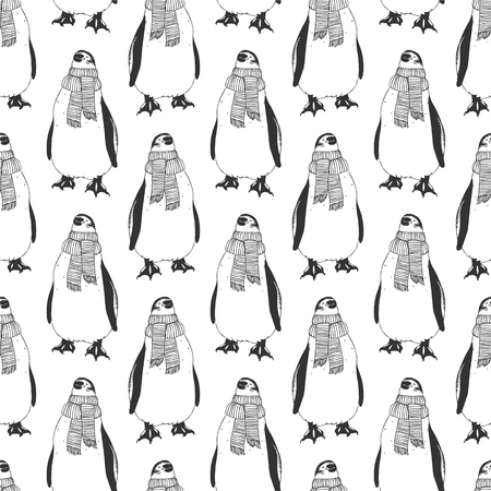 Seamless winter pattern - Penguin in a scarf. Black and whiteのイラスト素材