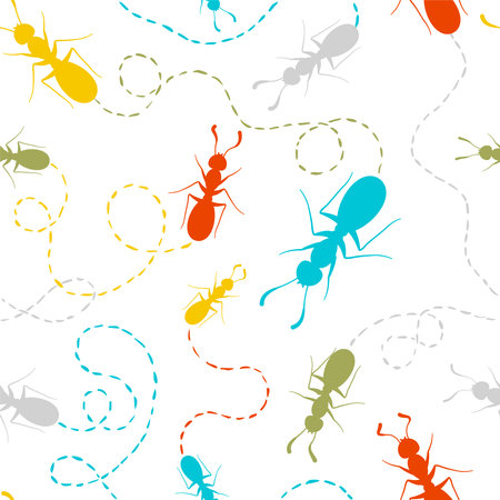 Seamless vector pattern - sprawling ants with traces. Colorfulのイラスト素材
