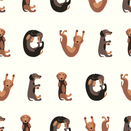 Seamless vector flat pattern - word "love" of dachshund dogsのイラスト素材