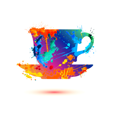 Tea pair silhouette. Vector coffee mug (cup). Watercolor splash paintのイラスト素材
