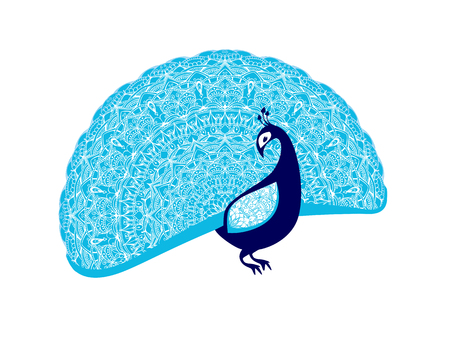 Peacock bird with patterned tail. Vector flat illustrationのイラスト素材