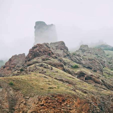 Karadag reserve in Crimea. Rocky mountain misty landscape