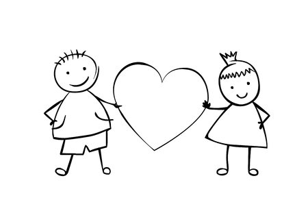Linear boy and girl (or man and woman) with heart. Little people in the children's style. Vector coupleのイラスト素材