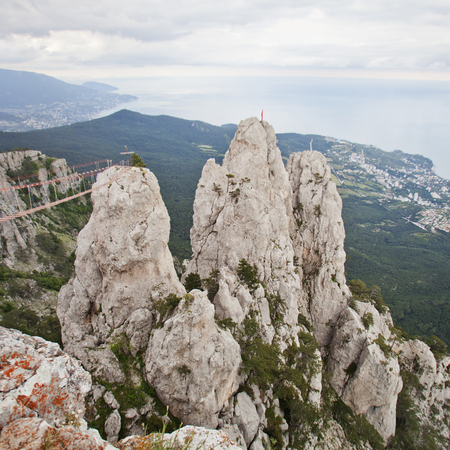 Ai-Petri cliffs landscape. Crimean mountains. Suspension bridge.の写真素材