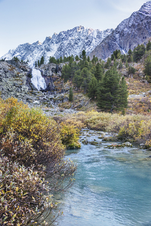 Kuiguk waterfall evening landscape. Altai mountains autumn nature.の写真素材