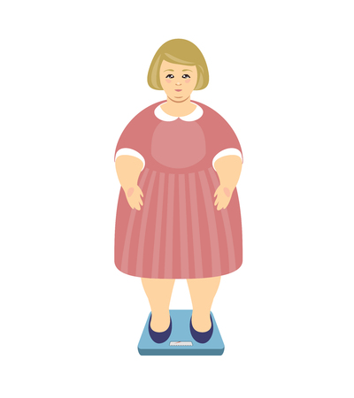 Blonde overweight woman in a pink dress weighed on scales. Vector illustration.のイラスト素材