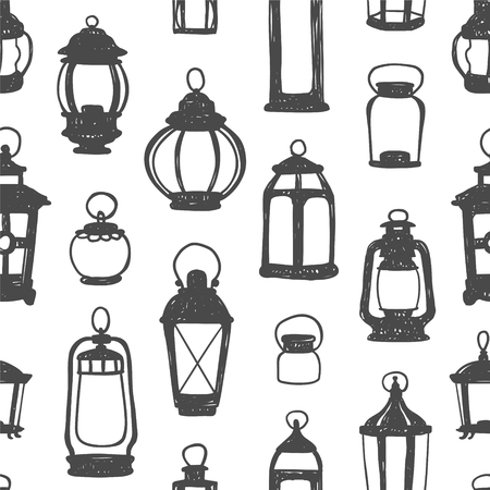 Seamless vector pattern - black on white retro lanternsのイラスト素材