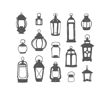 Set of vector retro lanterns. Black on white doodle illustrationのイラスト素材