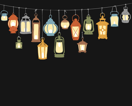 Holiday decor - hunging retro lanterns. Colorful doodle vector illustrationのイラスト素材