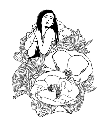 Girl in poppy flowers. Vector linear illustrationのイラスト素材